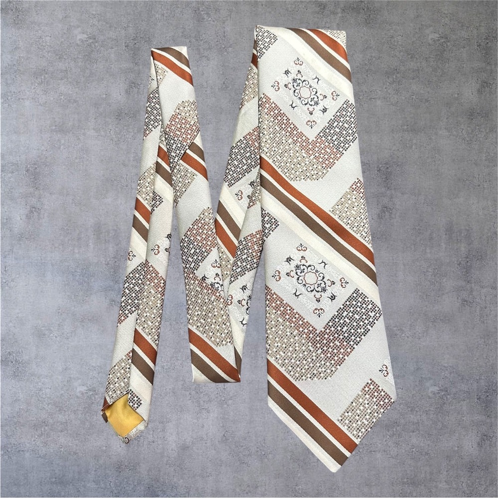 Damon Necktie Mens‎ 4" Wide Brown Cream Orange Vintage MCM Geometric Striped